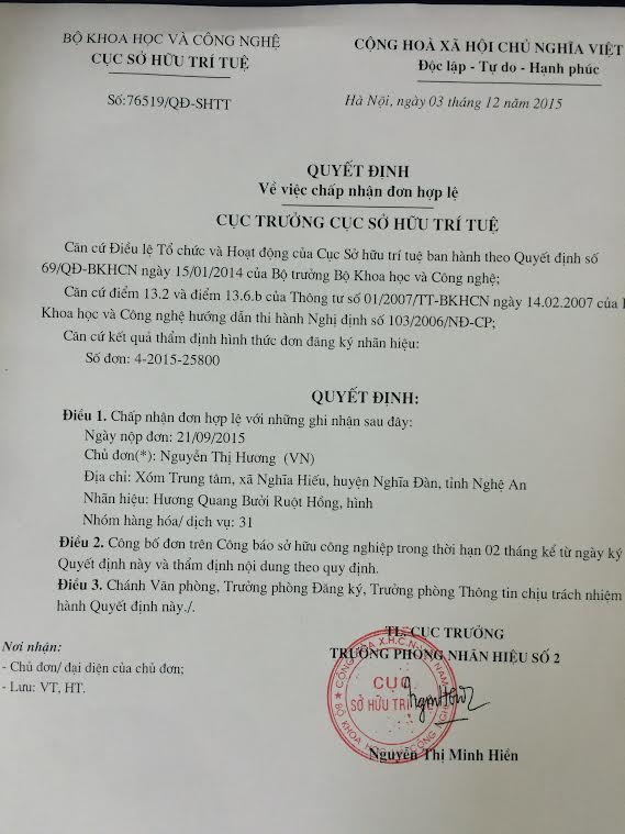 Đăng ký bảo hộ nhãn hiệu Bưởi Ruột Hồng Hương Quang